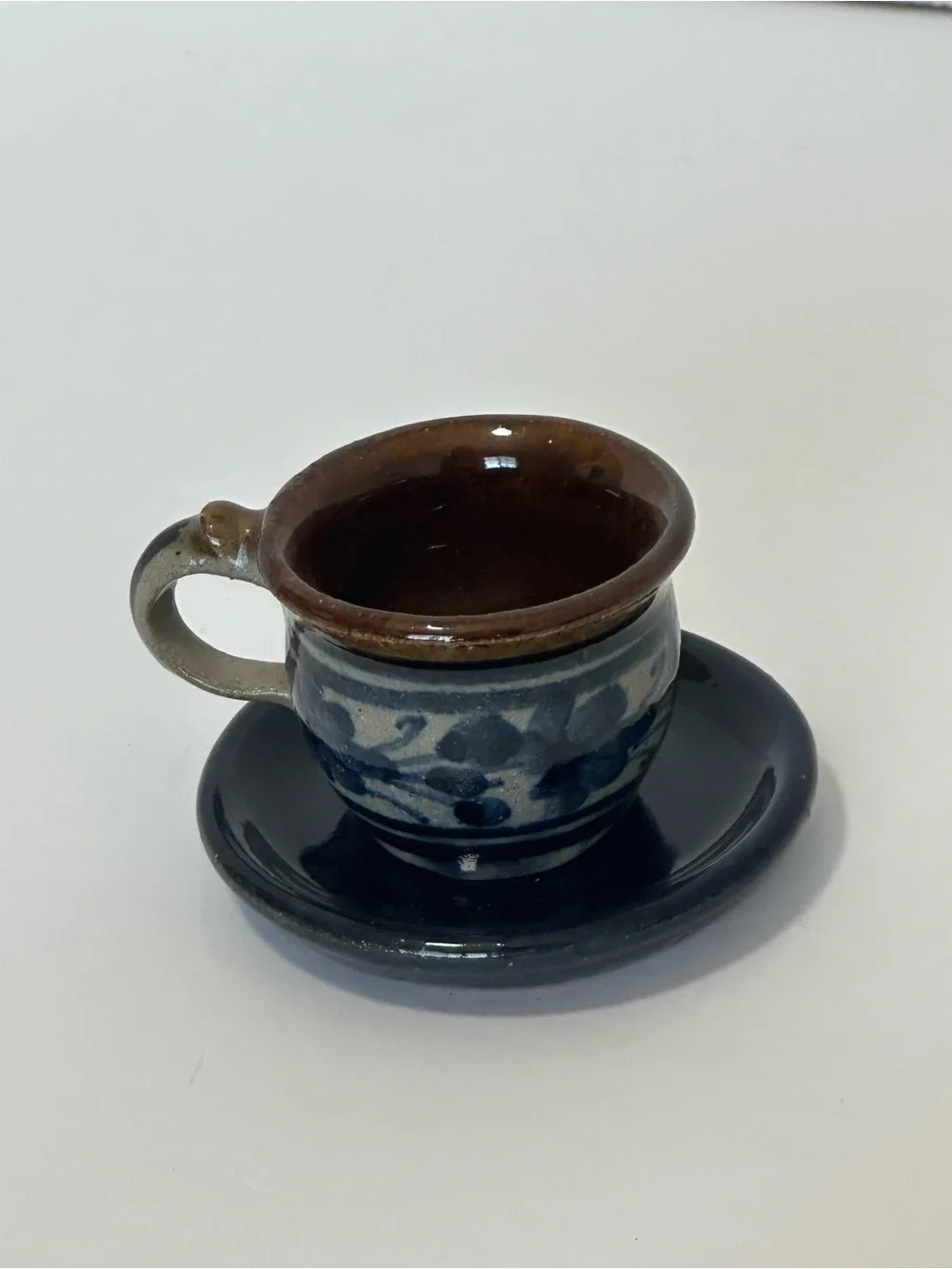 Handcrafted Mini Ceramic Cup and Saucer - Blue and Brown